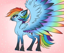 Size: 979x816 | Tagged: safe, artist:dreamyeevee, character:rainbow dash, species:pegasus, species:pony, g5 leak, leak, colored wings, female, hooves, mare, multicolored wings, rainbow dash (g5), rainbow wings, redesign, simple background, solo, spread wings, wings
