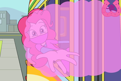 Size: 1198x805 | Tagged: safe, artist:author92, character:pinkie pie, my little pony:equestria girls, alternate costumes, brightly colored ninjas, bus, female, knockout gas, kunoichi, looking at you, mask, ninja, offscreen character, pov, sleep powder, the rainbooms tour bus, tour bus