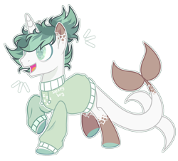 Size: 1024x925 | Tagged: safe, artist:chococolte, oc, oc:sweety frost, species:pony, species:unicorn, clothing, colored pupils, fish tail, male, simple background, solo, stallion, sweater, transparent background