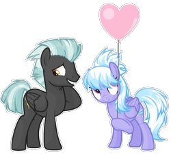 Size: 1488x1348 | Tagged: safe, artist:katnekobase, artist:kinkydoodle, artist:thieeur-nawng, character:cloudchaser, character:thunderlane, species:pegasus, species:pony, ship:thunderchaser, g4, balloon, female, full face view, hoof hold, male, mare, profile, raised hoof, shipping, simple background, stallion, straight, transparent background