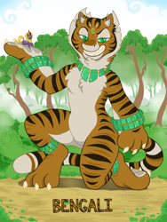 Size: 3024x4032 | Tagged: safe, artist:wispy tuft, oc, oc only, oc:bengali, species:anthro, species:digitigrade anthro, species:kirin, species:sphinx, big cat, jade, jewelry, jungle, macro, macro/micro, male, micro, reference sheet, tiger