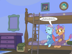 Size: 4000x3000 | Tagged: safe, artist:gd_inuk, character:ocellus, character:sandbar, character:smolder, species:changeling, species:dragon, species:reformed changeling, bed, bedroom, bunk bed, chest, clothing, cute, dialogue, diaocelles, dragoness, duo, eyes closed, female, high res, ladder, mirror, nightgown, pajamas, picture frame, sitting, smolderbetes, speech bubble