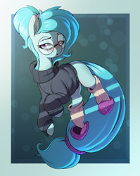 Size: 2194x2762 | Tagged: safe, artist:rexyseven, oc, oc only, oc:whispy slippers, species:earth pony, species:pony, abstract background, bags under eyes, blank flank, clothing, female, floating, glasses, lidded eyes, long tail, looking at you, mare, ponytail, slippers, socks, solo, sweater, tired, turtleneck