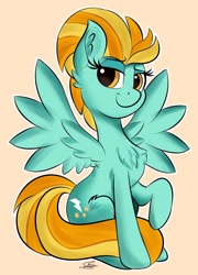 Size: 2160x3000 | Tagged: safe, artist:sadtrooper, character:lightning dust, species:pegasus, species:pony, chest fluff, female, lidded eyes, looking at you, mare, one hoof raised, orange background, raised hoof, simple background, sitting, smiling, solo, spread wings, wings