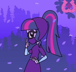 Size: 1001x945 | Tagged: safe, artist:author92, character:twilight sparkle, character:twilight sparkle (scitwi), species:eqg human, my little pony:equestria girls, alternate costumes, brightly colored ninjas, flower, glasses, hand on hip, kunoichi, mask, ninja, ponytail, wisteria