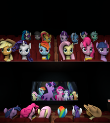 Size: 1280x1441 | Tagged: safe, artist:lance-pizon, edit, edited screencap, screencap, character:applejack, character:bon bon, character:dj pon-3, character:fluttershy, character:lyra heartstrings, character:octavia melody, character:pinkie pie, character:rainbow dash, character:rarity, character:spike, character:sunset shimmer, character:sweetie drops, character:twilight sparkle, character:twilight sparkle (alicorn), character:vinyl scratch, species:alicorn, species:earth pony, species:pegasus, species:pony, species:unicorn, my little pony: the movie (2017), 3d, cinema, food, mane seven, mane six, popcorn, source filmmaker