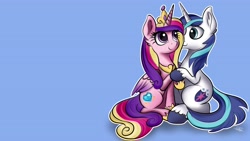 Size: 3840x2160 | Tagged: safe, artist:sadtrooper, character:princess cadance, character:shining armor, species:alicorn, species:pony, species:unicorn, ship:shiningcadance, 16:9, blue background, cute, female, holding hooves, holiday, hoof shoes, jewelry, looking at each other, male, mare, outline, regalia, shipping, simple background, sitting, stallion, straight, tiara, unshorn fetlocks, valentine's day, wallpaper, white outline
