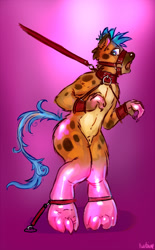 Size: 403x650 | Tagged: safe, artist:turbinedivinity, part of a set, oc, oc only, species:anthro, species:digitigrade anthro, bondage, bridle, collar, cuffs, furry to pony, gradient background, hyena, latex, leash, male, malesub, open mouth, signature, submissive, tack, tether, transformation