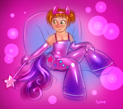 Size: 600x528 | Tagged: safe, artist:turbinedivinity, oc, oc only, species:human, abstract background, animal ears, clothing, costume, female, magic wand, pony costume, signature, smiling, solo