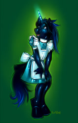 Size: 450x710 | Tagged: safe, artist:turbinedivinity, oc, oc only, species:anthro, species:pony, species:unguligrade anthro, species:unicorn, glowing horn, gradient background, horn, latex dress, looking up, open mouth, signature, smiling, unicorn oc