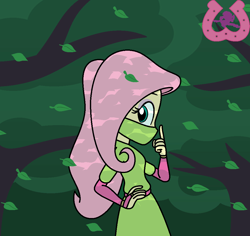 Size: 1001x945 | Tagged: safe, artist:author92, character:fluttershy, species:human, my little pony:equestria girls, alternate costumes, brightly colored ninjas, forest, hand on hip, kunoichi, leaf, leaves, mask, ninja, tree