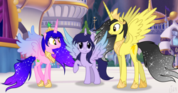 Size: 4813x2529 | Tagged: safe, artist:lumi-infinite64, oc, species:alicorn, species:pony, colored wings, family, family photo, gradient hair, gradient wings, grown, jewelry, next generation, oc next gen, regalia, royal family, wings