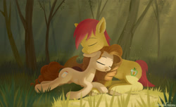 Size: 2300x1400 | Tagged: safe, artist:emeraldgalaxy, character:bright mac, character:pear butter, species:earth pony, species:pony, ship:brightbutter, episode:the perfect pear, g4, my little pony: friendship is magic, digital art, duo, eyes closed, female, grass, male, mare, prone, resting, scenery, shipping, stallion, straight, tree