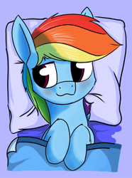 Size: 1018x1371 | Tagged: safe, artist:dacaoo, character:rainbow dash, species:pegasus, species:pony, bed, blanket, blushing, cheek fluff, cute, dashabetes, female, leg fluff, lying on bed, mare, on back, pillow, solo