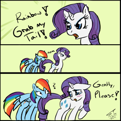 Size: 679x675 | Tagged: safe, artist:kudalyn, character:rainbow dash, character:rarity, species:pegasus, species:pony, species:unicorn, blushing, comic, confused, crying, cute, dialogue, duo, eye contact, female, floppy ears, frown, gently please, glare, grab my meme, green background, lidded eyes, looking at each other, looking back, mare, meme, nom, open mouth, pose, question mark, raised hoof, sad, signature, simple background, spread wings, tail bite, teary eyes, text, wide eyes, wings