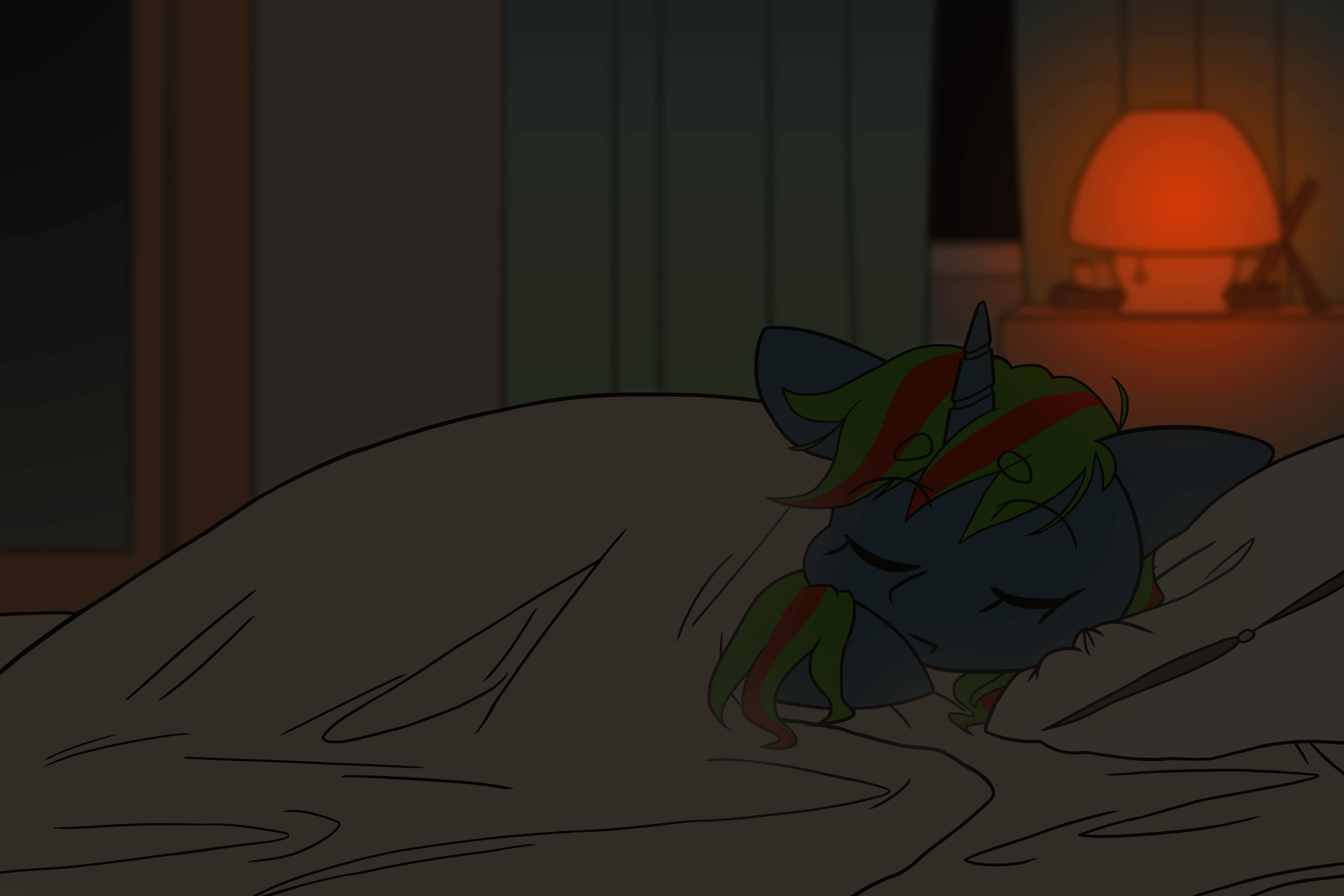 Size: 3000x2000 | Tagged: safe, artist:klooda, oc, oc only, oc:wander bliss, species:pony, species:unicorn, animated, bed, bedroom, eyes closed, female, lamp, mare, night, sleeping, sleepy, solo, ych result