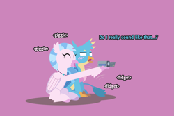Size: 2207x1474 | Tagged: safe, artist:gd_inuk, character:gallus, character:silverstream, species:classical hippogriff, species:griffon, species:hippogriff, blushing, cute, diastreamies, duo, eyes closed, female, gallabetes, gallus is not amused, giggling, hug, male, pink background, simple background, sitting, unamused, video camera