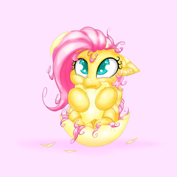 Size: 2500x2500 | Tagged: safe, artist:rurihal, character:fluttershy, species:pegasus, species:pony, cute, ear fluff, egg, female, hatching, mare, messy mane, pink background, shyabetes, simple background, solo