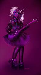 Size: 542x1000 | Tagged: safe, artist:turbinedivinity, oc, oc only, species:anthro, species:pony, species:unicorn, blinders, clothing, collar, dress, female, gradient background, guitar, high heels, horn, latex dress, lock, musical instrument, shoes, solo, unicorn oc