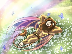 Size: 2048x1536 | Tagged: safe, artist:melspyrose, character:scorpan, armpits, butterfly, flower, male, rainbow, solo
