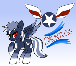 Size: 1218x1068 | Tagged: safe, artist:notadeliciouspotato, oc, oc only, oc:dauntless, species:pegasus, species:pony, colored wings, colored wingtips, commission, cutie mark, female, frown, gradient background, lidded eyes, mare, raised hoof, reference sheet, solo, spread wings, wings