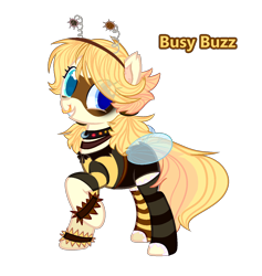 Size: 1408x1486 | Tagged: safe, artist:bublebee123, oc, oc only, oc:busy buzz (ice1517), species:pony, bee pony, choker, clothing, collar, deely bobbers, female, grin, headband, mare, mask, mismatched socks, nose piercing, nose ring, original species, piercing, raised hoof, shirt, shorts, simple background, smiling, socks, solo, stockings, striped socks, t-shirt, thigh highs, transparent background, wristband