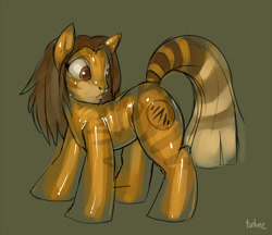 Size: 1000x864 | Tagged: safe, artist:turbinedivinity, oc, oc only, species:earth pony, species:pony, earth pony oc, implied transformation, latex, looking back, ponified, signature, simple background, solo, species swap