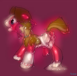 Size: 1000x976 | Tagged: safe, artist:turbinedivinity, species:dog, species:earth pony, species:pony, :o, anthro to pony, bondage, clothing, collar, costume, encasement, gradient background, living latex, open mouth, pony costume, signature, tongue out, transformation, unshorn fetlocks