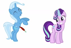 Size: 1024x699 | Tagged: safe, artist:diana173076, character:starlight glimmer, character:trixie, big grin, cute, cutie mark, dawwww, diatrixes, digital art, feather, glimmerbetes, grin, hind hooves, implied shipping, laughing, magic, simple background, smiling, tickling, ticklish tummy, white background
