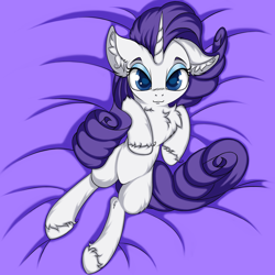 Size: 2500x2500 | Tagged: safe, artist:rurihal, character:rarity, species:pony, species:unicorn, :3, bed, blue eyes, blue eyeshadow, chest fluff, cute, ear fluff, eyebrows, eyeshadow, featureless crotch, female, fluffy, grin, hoof fluff, lidded eyes, looking at you, makeup, raribetes, smiling, smiling at you, solo, this will end in cuddles