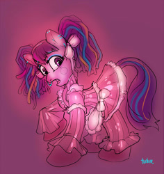Size: 1000x1058 | Tagged: safe, artist:turbinedivinity, oc, oc only, species:earth pony, species:pony, blush sticker, blushing, clothing, crossdressing, dress, earth pony oc, femboy, frilly dress, gradient background, latex dress, maid, male, nose piercing, nose ring, open mouth, piercing, pigtails, raised hoof, signature, solo, stallion