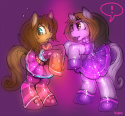 Size: 1000x929 | Tagged: safe, artist:turbinedivinity, oc, oc only, species:earth pony, species:pony, clothing, collar, crossdressing, dress, duo, earth pony oc, exclamation point, femboy, frilly dress, gradient background, latex dress, male, rearing, signature, stallion, surprised, transformation
