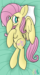 Size: 990x1832 | Tagged: safe, artist:notadeliciouspotato, character:fluttershy, species:pegasus, species:pony, bed, blushing, body pillow, covering face, female, frown, hoof on head, lying down, mare, on side, pillow, signature, solo, spread wings, wings