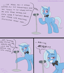 Size: 1085x1229 | Tagged: safe, artist:pooryorick, character:trixie, species:pony, species:unicorn, bad pun, bow tie, comedian, comic, female, mare, microphone, pun, solo, stand-up comedy