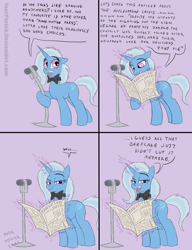 Size: 898x1170 | Tagged: safe, artist:pooryorick, character:trixie, species:pony, species:unicorn, bow tie, comedian, comic, female, mare, microphone, newspaper, solo, stand-up comedy