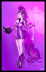 Size: 649x1000 | Tagged: safe, artist:turbinedivinity, oc, oc only, species:anthro, species:earth pony, species:pony, species:unguligrade anthro, abstract background, book, female, latex, latex suit, nun, signature, solo