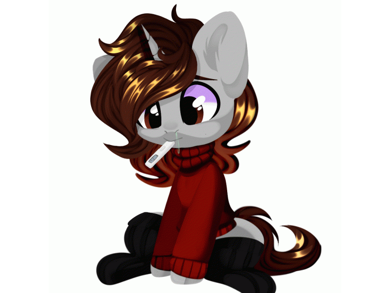 Size: 800x600 | Tagged: safe, artist:thieftea, oc, oc only, oc:shruggy, species:pony, species:unicorn, animated, blinking, clothing, gif, runny nose, sick, socks, solo, sweater, thermometer