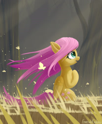 Size: 1900x2300 | Tagged: safe, artist:emeraldgalaxy, character:fluttershy, species:pegasus, species:pony, butterfly, cute, female, grass, mare, open mouth, profile, shyabetes, solo, tree, wind