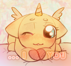 Size: 2168x2030 | Tagged: safe, artist:klooda, oc, species:pegasus, species:pony, species:unicorn, advertisement, bed, blushing, commission, cute, female, heart, i love you, looking at you, lying down, mare, one eye closed, smiling, solo, wink, ych example, your character here