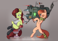 Size: 2985x2110 | Tagged: safe, artist:rexyseven, oc, oc only, oc:oil drop, oc:rusty gears, species:pony, bipedal, clothing, female, machine, mare, scarf, sock, socks, this will end in death, this will end in pain, this will end in tears, this will end in tears and/or death