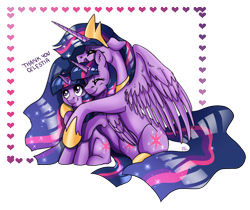 Size: 2393x2009 | Tagged: safe, artist:ali-selle, character:twilight sparkle, character:twilight sparkle (alicorn), character:twilight sparkle (unicorn), species:alicorn, species:pony, species:unicorn, episode:the last problem, g4, my little pony: friendship is magic, cute, ear fluff, eyes closed, female, floppy ears, heart, hug, implied princess celestia, older, older twilight, ponidox, princess twilight 2.0, self ponidox, simple background, sitting, smiling, solo, time paradox, transparent background, triality, twiabetes