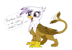 Size: 1376x960 | Tagged: safe, artist:firenhooves, character:gilda, species:griffon, blushing, colored, cute, dweeb, female, gildadorable, heart eyes, motion lines, simple background, smiling, standing, tail wag, text, white background, wingding eyes