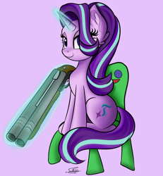 Size: 2000x2160 | Tagged: safe, artist:sadtrooper, character:starlight glimmer, species:pony, species:unicorn, animal crossing, doom, female, glowing horn, gun, hair over one eye, horn, looking at you, magic, mare, shotgun, sitting, smiling, solo, super shotgun, telekinesis, weapon