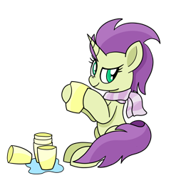 Size: 1355x1414 | Tagged: safe, artist:notadeliciouspotato, oc, oc only, oc:sky spark, species:pony, species:unicorn, clothing, cup, dreamworks face, female, hoof hold, mare, scarf, simple background, sitting, smiling, solo, transparent background