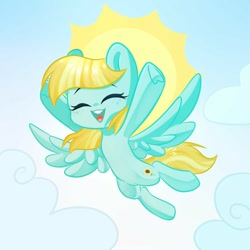 Size: 1000x1000 | Tagged: safe, artist:thieftea, character:helia, species:pegasus, species:pony, g4, cloud, cute, eyes closed, female, flying, heliadorable, mare, open mouth, sky, solo, spread wings, sun, wings