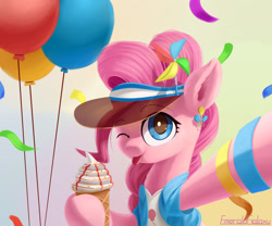 Size: 1800x1500 | Tagged: safe, artist:emeraldgalaxy, character:pinkie pie, species:earth pony, species:pony, balloon, blep, bracelet, bust, clothing, confetti, cute, diapinkes, digital art, female, food, ice cream, jewelry, mare, one eye closed, pinwheel, smiling, solo, tongue out, visor, wink