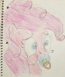 Size: 1944x2300 | Tagged: safe, artist:joeydr, character:pinkie pie, species:earth pony, species:pony, female, lined paper, mare, pacifier, signature, simple background, solo, traditional art