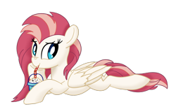 Size: 1540x964 | Tagged: safe, artist:notadeliciouspotato, oc, oc only, oc:aureai, species:pegasus, species:pony, bendy straw, cookie, drink, drinking, drinking straw, female, folded wings, food, hoof on chin, looking at you, mare, milkshake, oreo, prone, simple background, smiling, solo, straw, transparent background, wings