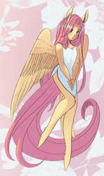 Size: 900x1518 | Tagged: safe, artist:haydee, character:fluttershy, species:anthro, species:pegasus, species:unguligrade anthro, g4, abstract background, clothing, cute, dress, female, flower, human facial structure, looking at you, mare, shyabetes, solo