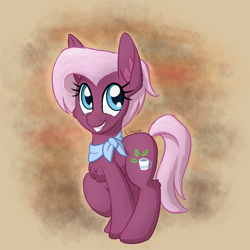 Size: 1200x1200 | Tagged: safe, artist:litrojia, character:jasmine leaf, species:earth pony, species:pony, g4, abstract background, cheek fluff, chest fluff, clothing, ear fluff, female, fluffy, looking at you, mare, smiling, solo